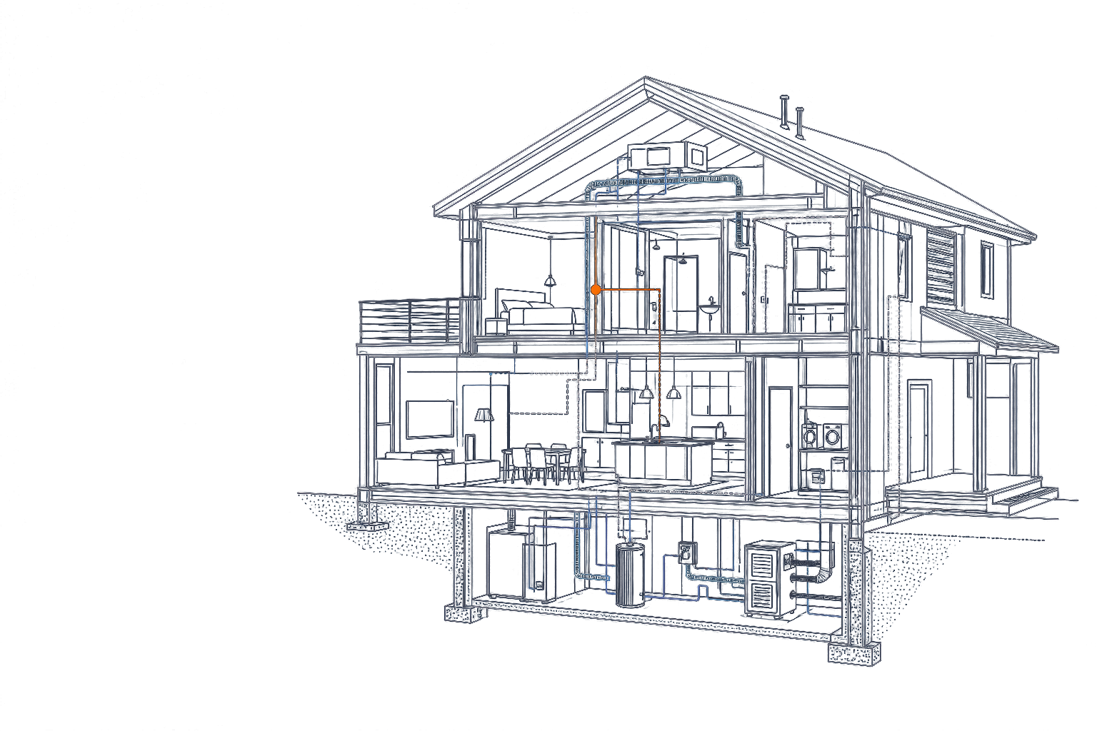 Architectural section showing connected systems within a home